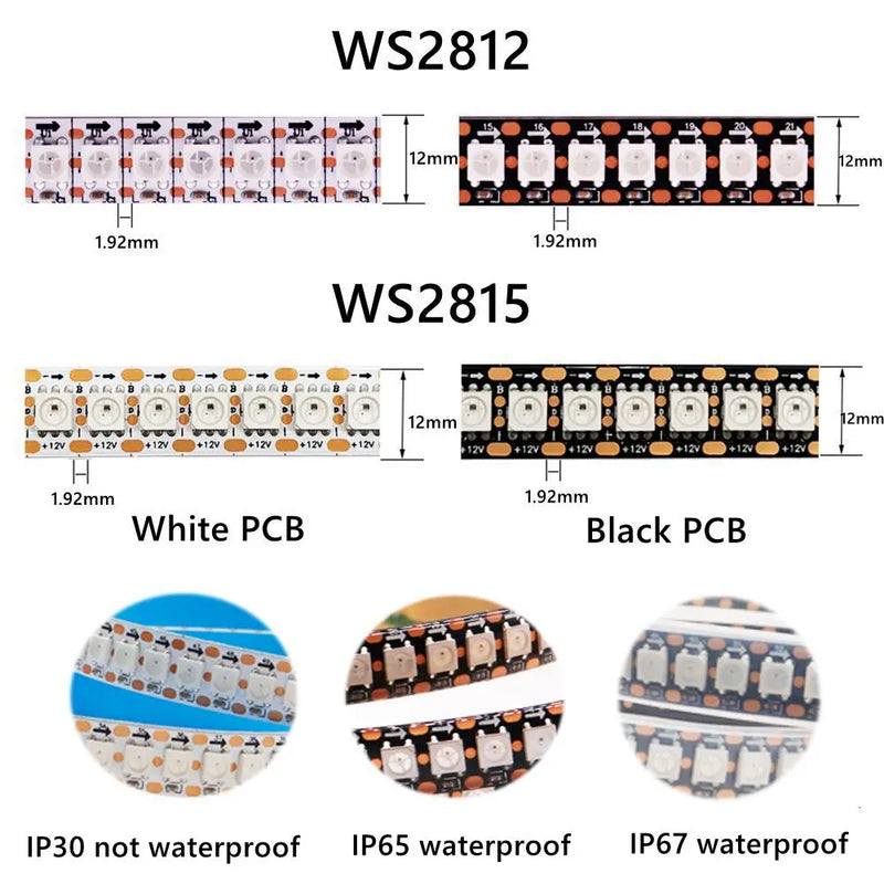 LED 1-3m ws2812b ws2815 tira conduzida 144 pixels/leds/m endereçável ic inteligente 5050 rgb conduziu a luz de tira ip30/ip65/ip67 dc5v/12v